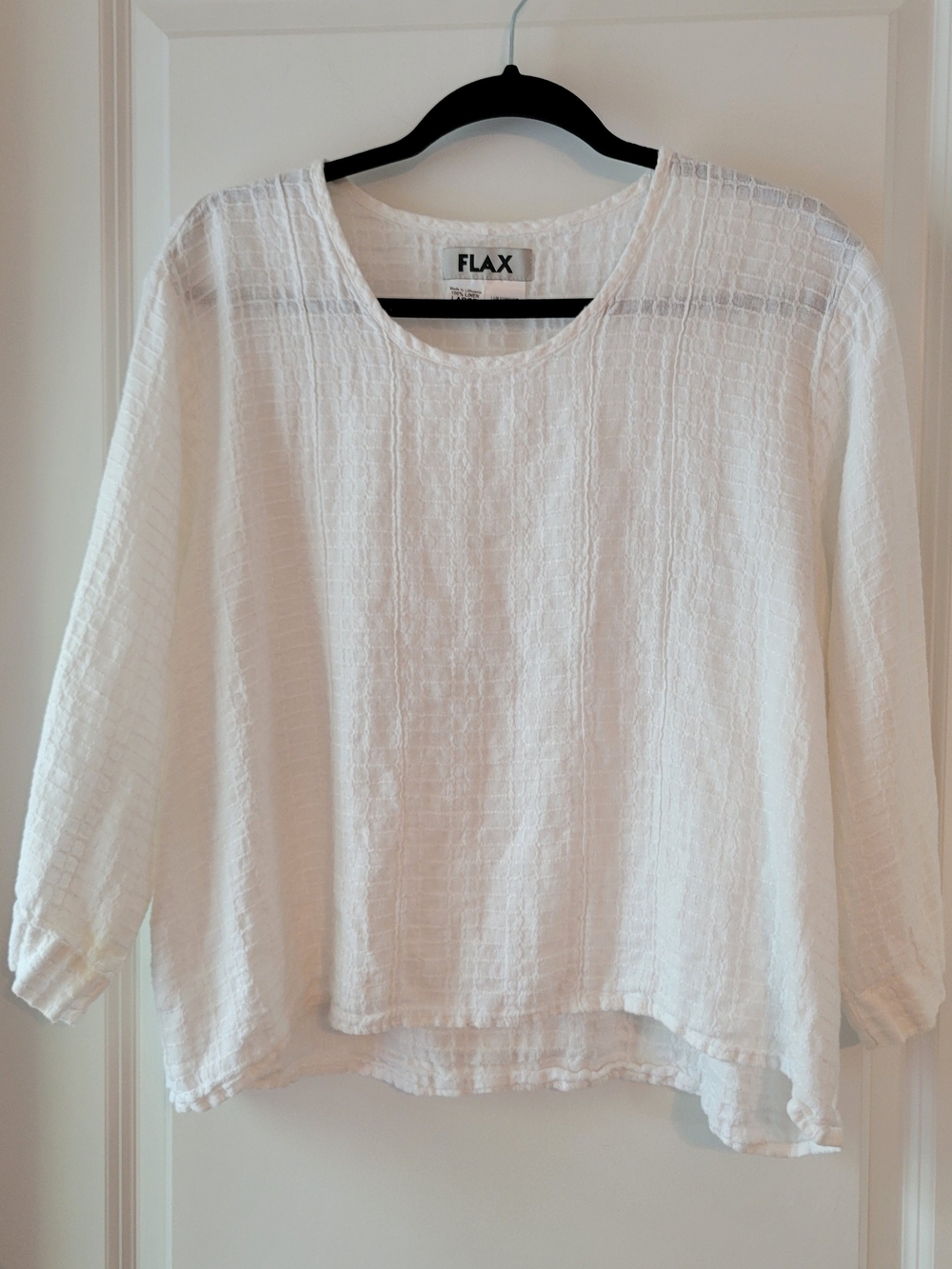 FLAX White Textured Linen-Blend Relaxed Long-Sleeve Top